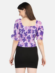 Georgette Flower Print V Neck Short Women Top-2968-2968