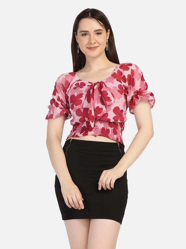 Georgette Flower Print V Neck Short Women Top-2964-2968