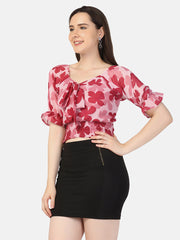 Georgette Flower Print V Neck Short Women Top-2964-2968