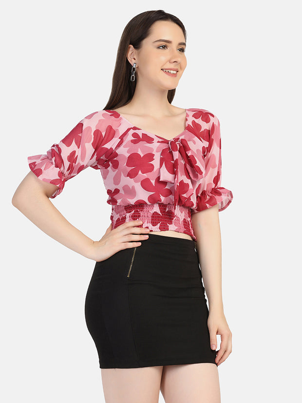 Georgette Flower Print V Neck Short Women Top-2964-2968