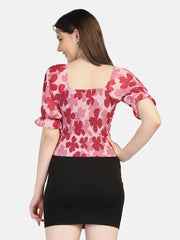 Georgette Flower Print V Neck Short Women Top-2964-2968