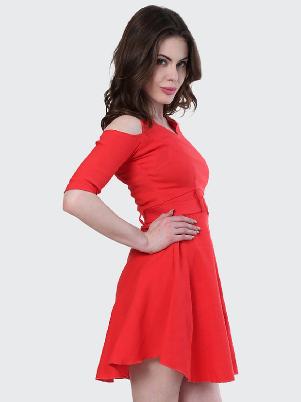 Red Shoulder-Cut Cotton Lycra Short Party Dress-1908