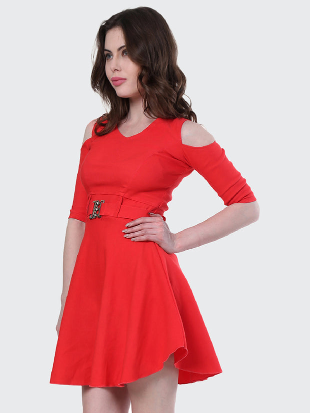 Red Shoulder-Cut Cotton Lycra Short Party Dress-1908