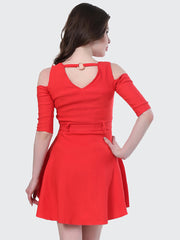 Red Shoulder-Cut Cotton Lycra Short Party Dress-1908