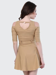 beige shoulder cut thigh length dress