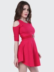 Pink Shoulder-Cut Cotton Lycra Short Party Dress-1904