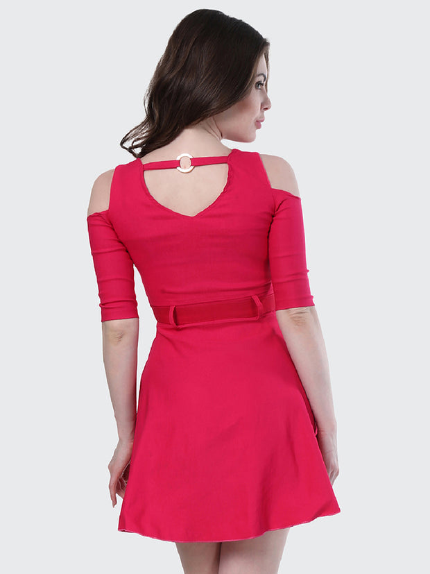 Pink Shoulder-Cut Cotton Lycra Short Party Dress-1904