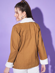 Twill Denim Women Long Fur Jacket-3195