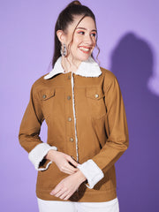 Twill Denim Women Long Fur Jacket-3192