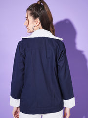 Twill Denim Women Long Fur Jacket-3191