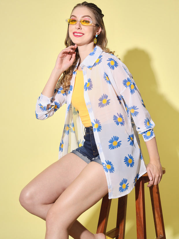 Boxy Fit Georgette Floral Print Women Long Shirt-3050-3053