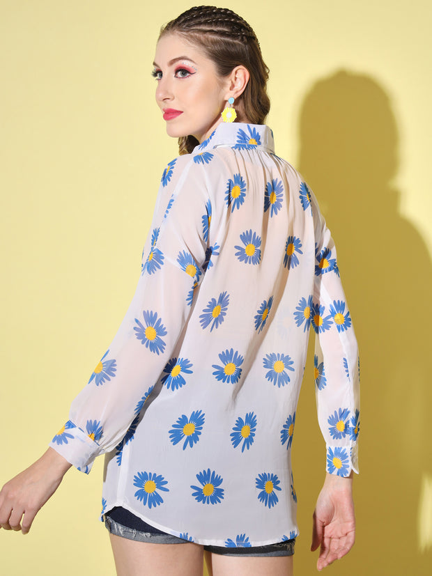 Boxy Fit Georgette Floral Print Women Long Shirt-3050-3053