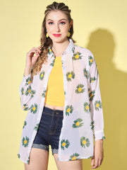 Georgette Floral Print Women Long Shirt-3050-3053