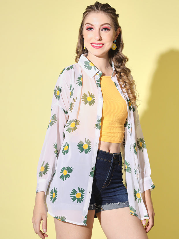 Georgette Floral Print Women Long Shirt-3050-3053