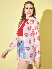 Boxy Fit Georgette Floral Print Women Long Shirt-3050-3053