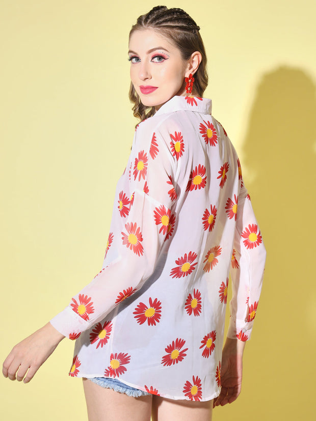 Georgette Floral Print Women Long Shirt-3053-3053