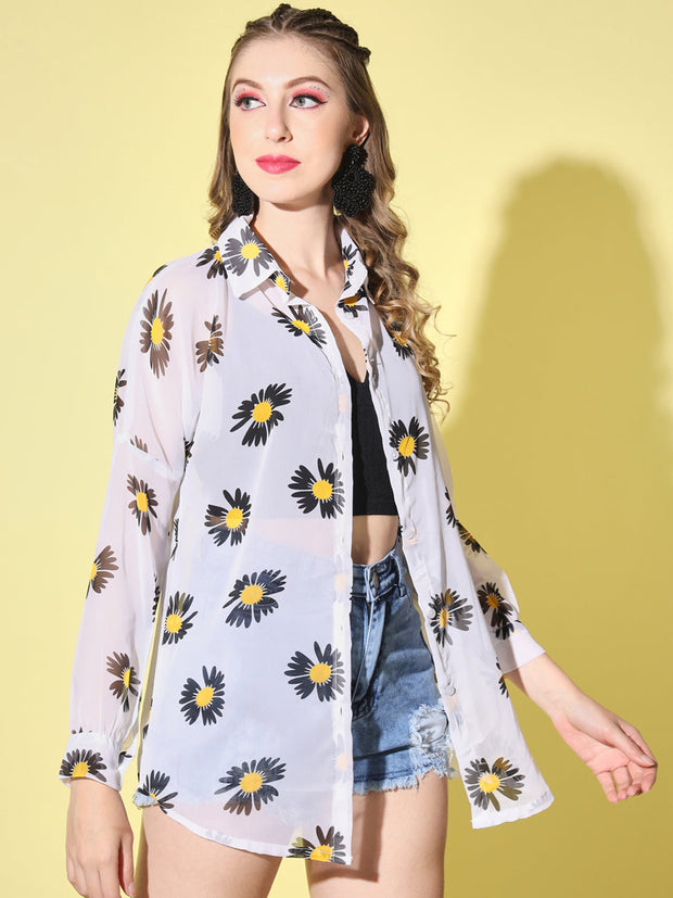 Georgette Floral Print Women Long Shirt-3052-3053