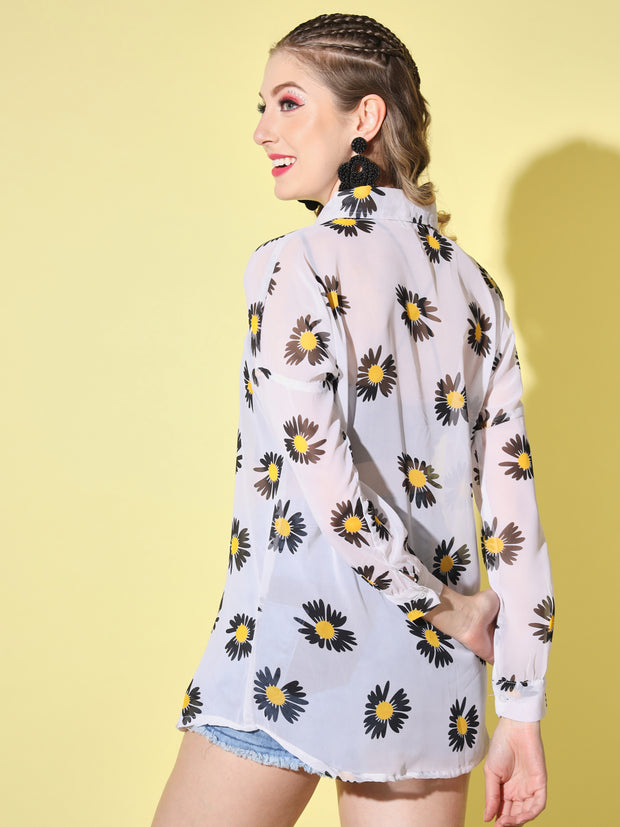 Georgette Floral Print Women Long Shirt-3050-3053