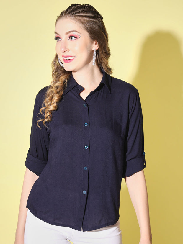 Rayon Solid Button Front Women Formal Shirt-3038-3039