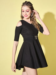 Black Shoulder-Cut Cotton Lycra Short Party Dress-1903B