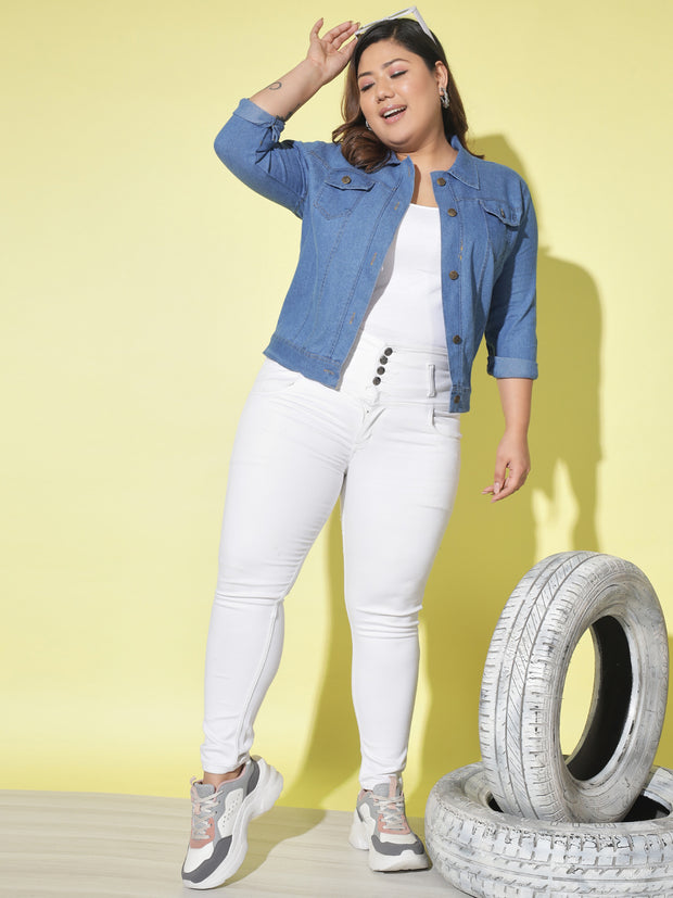 Solid Plus Size Women Denim Jacket-2612PLUS-2612PLUS