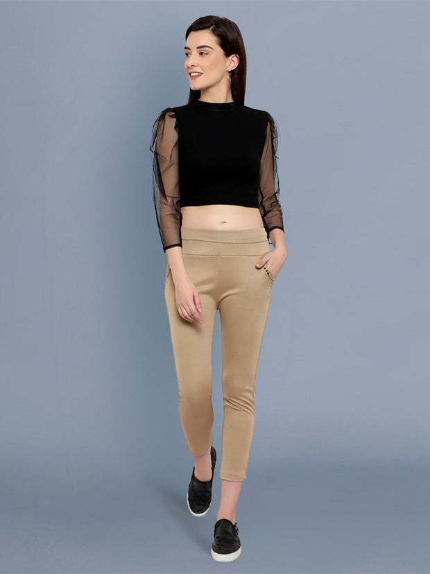 Cotton Lycra Beige Skinny Womens Trouser Pant-2579