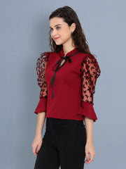 Maroon Twil Butterfly Sleeve Women's Net Top-2542