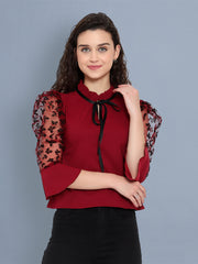 Maroon Twil Butterfly Sleeve Women's Net Top-2542