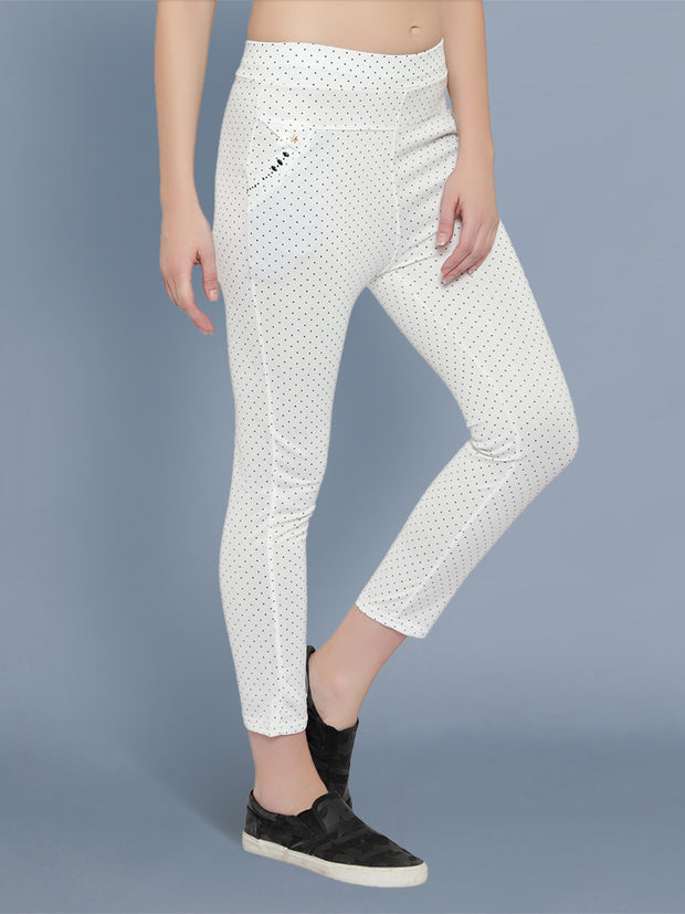 Cotton Lycra White Polka Dot Womens Trouser Pant-2567