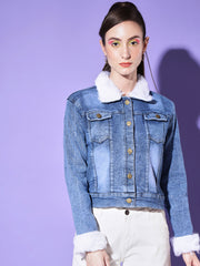 Blue Fur Collar Women Denim Jacket-2999