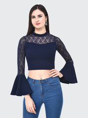 Navy Flared Fashion Sleeve Carrera Lace Top-2056