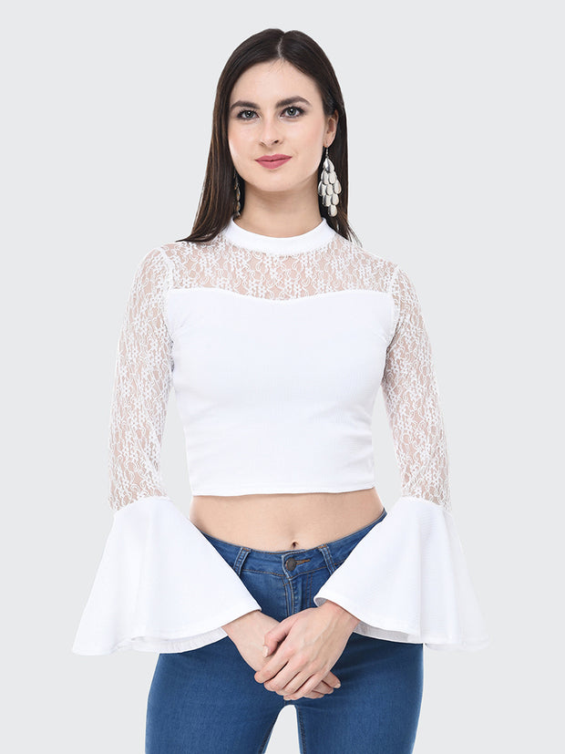 White Flared Fashion Sleeve Carrera Lace Top-2058