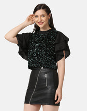 Ruffle Short Sleeve Sequins Embellished Women Top-2890-2911
