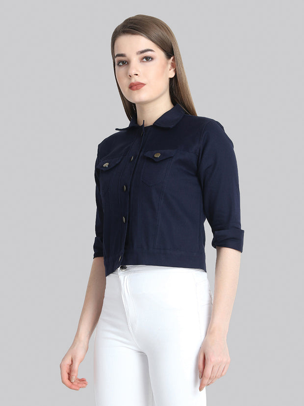 Navy Solid Buttoned Twil Jacket-2270