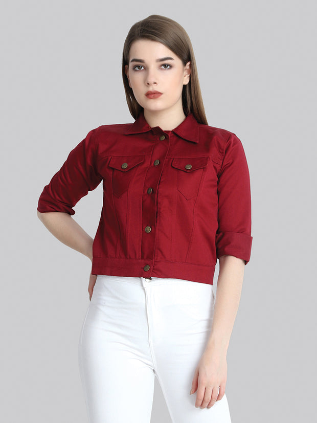 Maroon Solid Buttoned Twil Jacket-2271