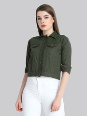 Dark Green Solid Buttoned Twil Jacket-2273