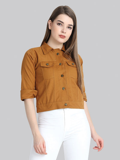 Brown Solid Buttoned Twil Jacket-2274