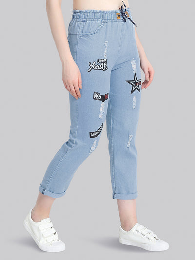 Light Blue Star Print Denim Jogger Jeans-2276