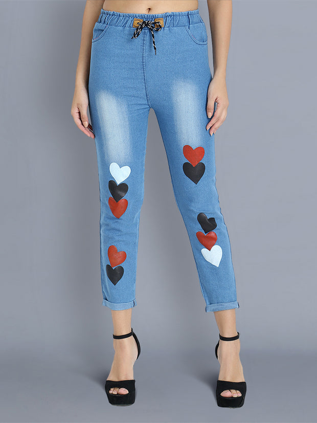 Light Blue Heart Print Skinny Fit Denim Jogger Jeans-2359