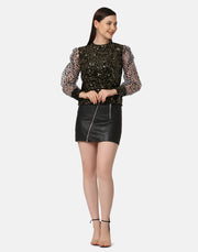 Sequins Embellished Balloon Sleeve Lace Women Top-2891-2893