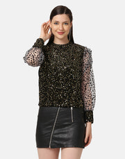 Sequins Embellished Balloon Sleeve Lace Women Top-2891-2893