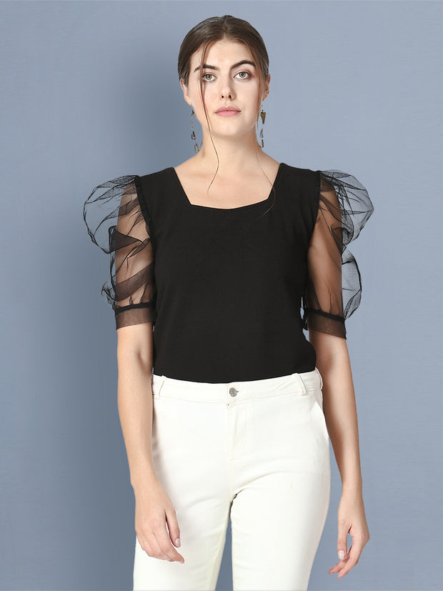 Black Half Sleeve Plain Net Top