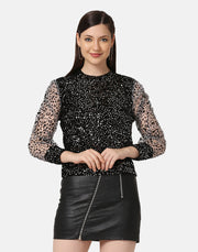Sequins Embellished Balloon Sleeve Lace Women Top-2893-2893