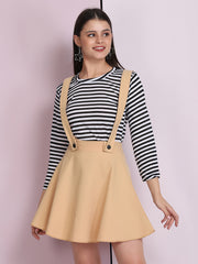 Beige Cotton Lycra Solid Pinafore Skirt-2635