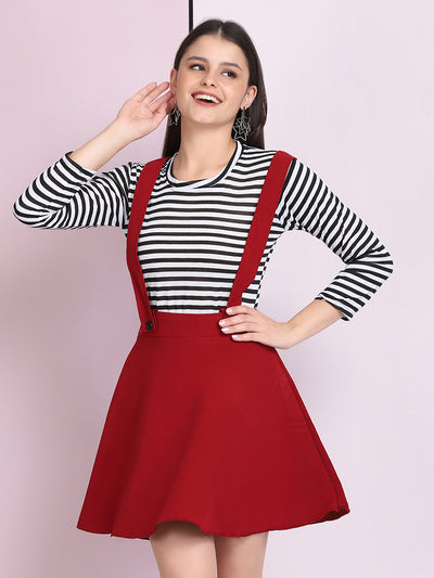 Maroon Cotton Lycra Solid Pinafore Skirt-2637