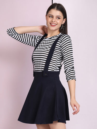 Cotton Blend Striped Women's Dungaree Dress with Top black