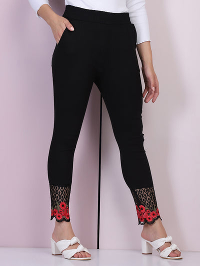 Black Cotton Stretch Legging with Lace Detail-2648