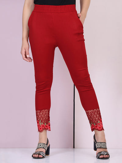 Maroon Cotton Stretch Legging with Lace Detail-2649