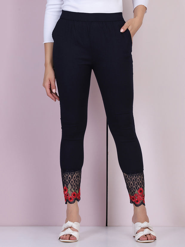 Navy Cotton Stretch Legging with Lace Detail-2650