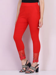 Red Cotton Stretch Legging with Lace Detail-2651
